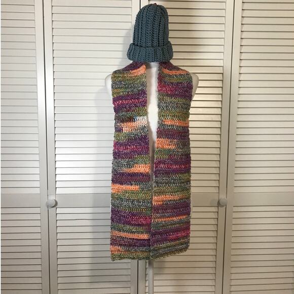 NWT Handmade Crocheted Blue Multicolor Textured Beanie & Scarf 64” - Picture 1 of 4